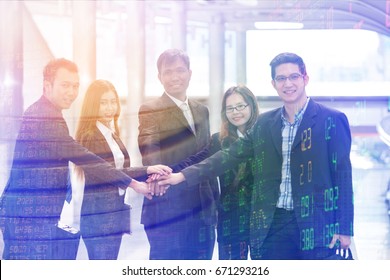 Double exposure financial graph data and stock indicator including stock education or marketing analysis. Investor business firm handshake with partner vendor, trusted partnership and alliance concept