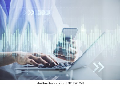 Double exposure of financial graph sketch hologram and woman holding and using a mobile device. Stock exchange concept. - Shutterstock ID 1784820758