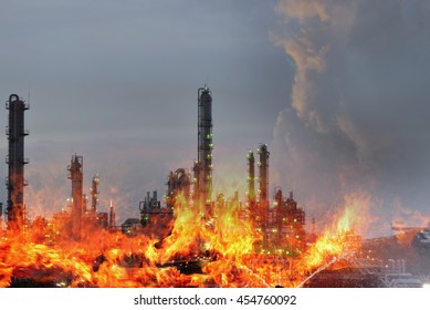 Double Exposure Of  Fire And Refinery Plant  , Concept Crisis A Large Oil Refinery Fire And Emergency Fire Case.