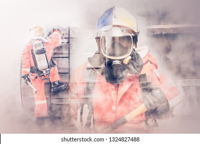 Double Exposure Firefighter Holding Axe With Smoke.fireman Wear Helmet Fire Suit Equipment Oxygen Tank And Mask.