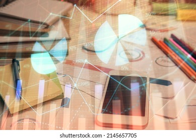 Double exposure of forex chart drawing and cell phone background. Concept of financial data analysis