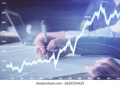 Double exposure of forex chart drawing over people taking notes background. Concept of financial analysis