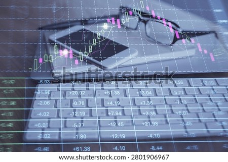 Double exposure of forex chart drawing and cell phone background. Concept of financial trading