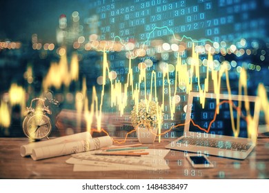 Double exposure of forex chart and work space with computer. Concept of international online trading.