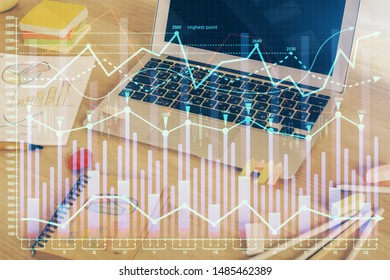 Double exposure of forex chart and work space with computer. Concept of international online trading.