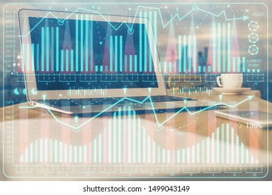 Double exposure of forex chart and work space with computer. Concept of international online trading.