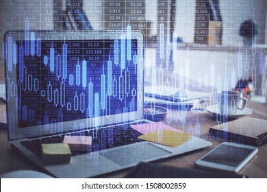 Double exposure of forex chart and work space with computer. Concept of international online trading.