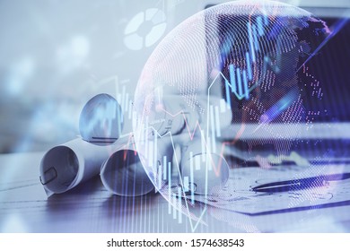 Double exposure of forex chart and work space with computer. Concept of international online trading.