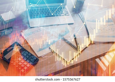 Double exposure of forex chart and work space with computer. Concept of international online trading.