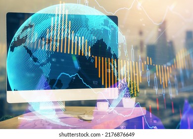 Double exposure of forex chart and work space with computer. Concept of international online trading.