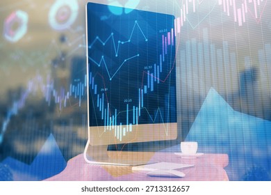 Double exposure of forex chart and work space with computer. Concept of international online trading.