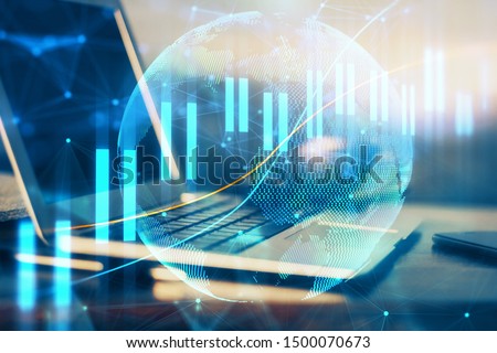 Double exposure of forex chart and work space with computer. Concept of international online trading.