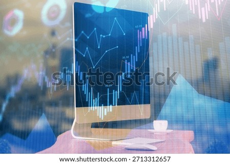 Double exposure of forex chart and work space with computer. Concept of international online trading.