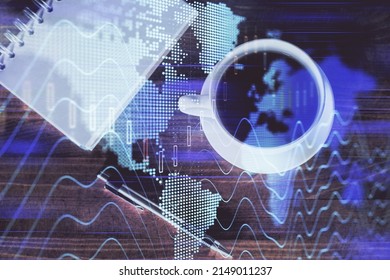 Double exposure of forex graph drawing and work table top veiw. Concept of financial analysis.