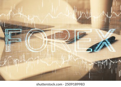 Double exposure of forex graph drawing and cell phone background. Concept of financial data analysis
