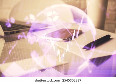 Double exposure of forex graph drawing and cell phone background. Concept of financial data analysis