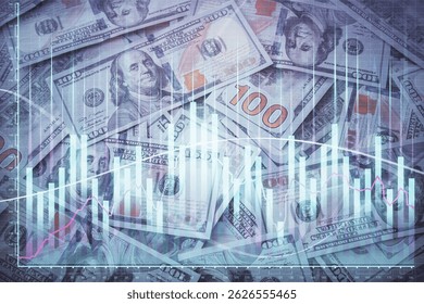 Double exposure of forex graph drawing over us dollars bill background. Concept of financial markets.