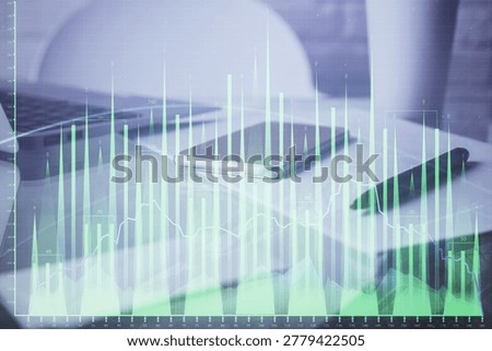 Double exposure of forex graph drawing and cell phone background. Concept of financial data analysis
