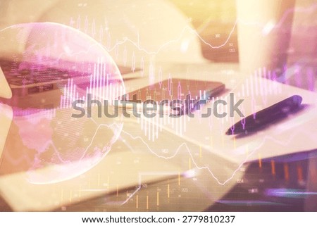 Double exposure of forex graph drawing and cell phone background. Concept of financial data analysis
