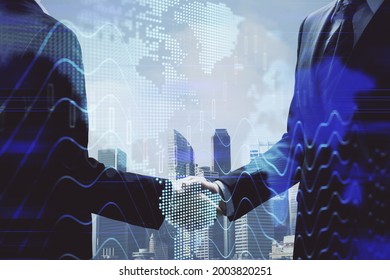 Double exposure of forex graph hologram and handshake of two men. Stock market concept. - Shutterstock ID 2003820251