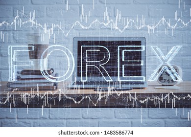 Double exposure of forex graph and work space with computer. Concept of international online trading.