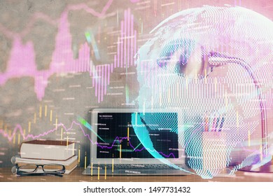 Double exposure of forex graph and work space with computer. Concept of international online trading.