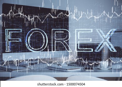 Double exposure of forex graph and work space with computer. Concept of international online trading.