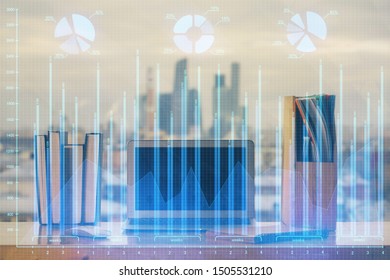 Double exposure of forex graph and work space with computer. Concept of international online trading.