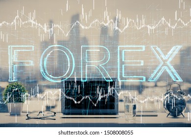 Double exposure of forex graph and work space with computer. Concept of international online trading.