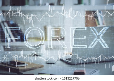 Double exposure of forex graph and work space with computer. Concept of international online trading.