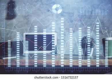 Double exposure of forex graph and work space with computer. Concept of international online trading.