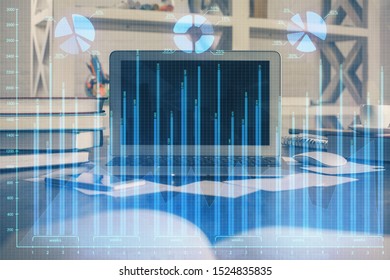Double exposure of forex graph and work space with computer. Concept of international online trading.