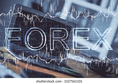 Double exposure of forex graph and work space with computer. Concept of international online trading.