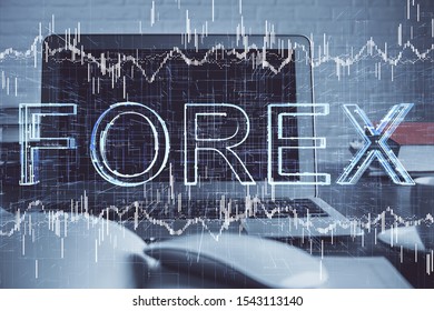 Double exposure of forex graph and work space with computer. Concept of international online trading.