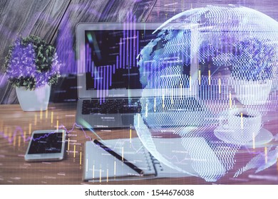 Double exposure of forex graph and work space with computer. Concept of international online trading.