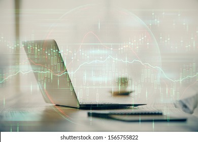 Double exposure of forex graph and work space with computer. Concept of international online trading.