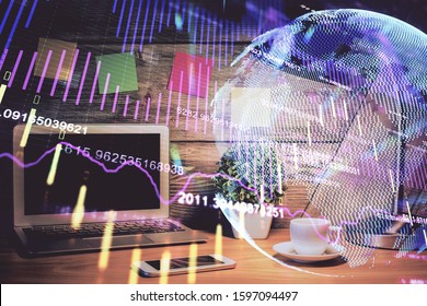 Double exposure of forex graph and work space with computer. Concept of international online trading.