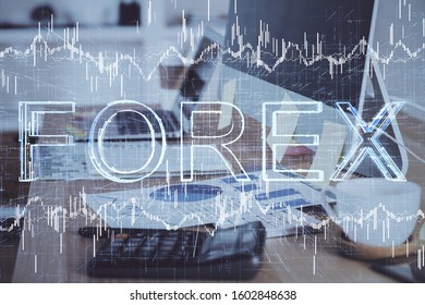 Double exposure of forex graph and work space with computer. Concept of international online trading.