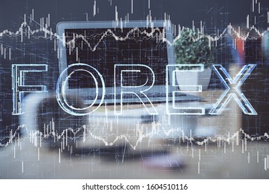 Double exposure of forex graph and work space with computer. Concept of international online trading.