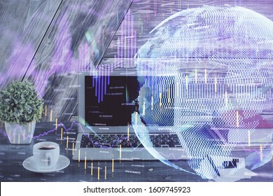 Double exposure of forex graph and work space with computer. Concept of international online trading.