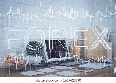 Double exposure of forex graph and work space with computer. Concept of international online trading.