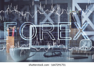 Double exposure of forex graph and work space with computer. Concept of international online trading.