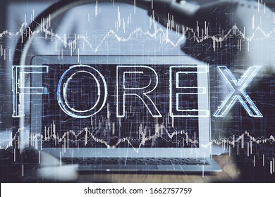 Double exposure of forex graph and work space with computer. Concept of international online trading.