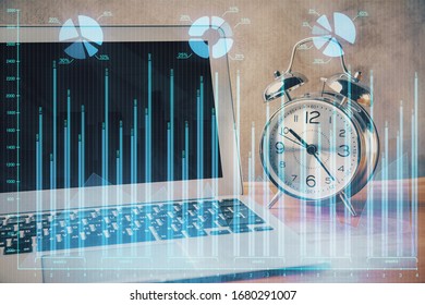 Double exposure of forex graph and work space with computer. Concept of international online trading.