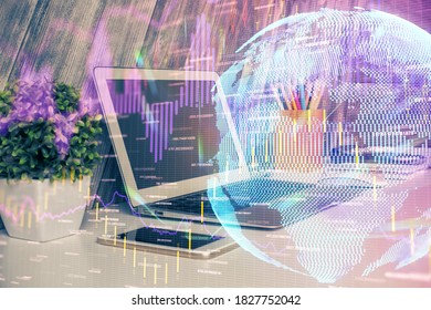 Double exposure of forex graph and work space with computer. Concept of international online trading.
