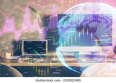 Double exposure of forex graph and work space with computer. Concept of international online trading.