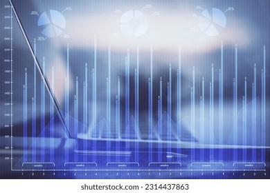 Double exposure of forex graph and work space with computer. Concept of international online trading.