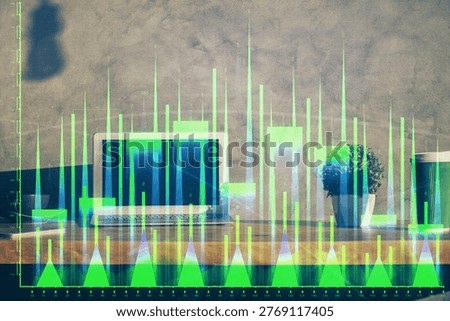 Double exposure of forex graph and work space with computer. Concept of international online trading.