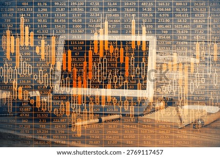 Double exposure of forex graph and work space with computer. Concept of international online trading.