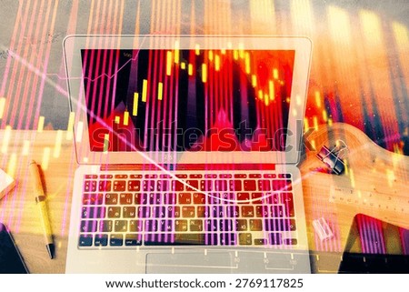 Double exposure of forex graph and work space with computer. Concept of international online trading.